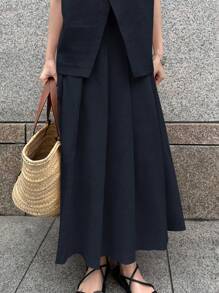 FRIFUL 两件套女士无袖露脐上衣和高腰开衩裙套装，复古亚麻度假风 - 藏蓝色 - 查看 3