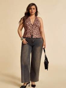 SHEIN BAE Regata de Estampa de Leopardo Vintage Marrom com Decote em V para Mulheres Plus Size, Ideal para Praia, Férias, Encontros, Saídas, Festivais de Música, Festivais de Música Country, Festas, Feriados, Concertos, Carnaval, Estilo Hippie, Traje Profissional - Multicolorido - Visão 6