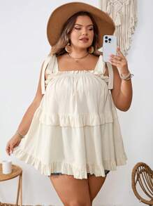 SHEIN CURVE+ Top de verano con volantes en el bajo para mujer de talla grande, vestimenta para vacaciones en la playa, campo o viajes - Albaricoque - Ver 9