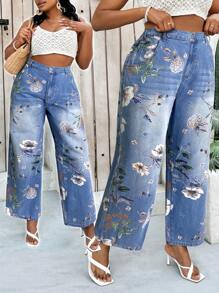 Slaydiva Pantalones vaqueros rectos azules informales de talla grande para mujeres - Lavado ligero - Ver 1