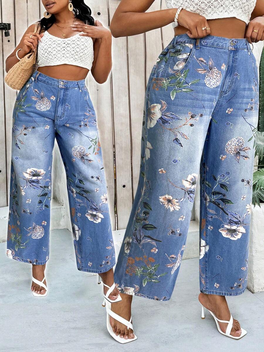 Slaydiva Pantalones vaqueros rectos azules informales de talla grande para mujeres - Lavado ligero - Ver 1