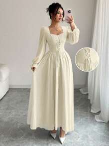 Modelyn Women's High-Waisted Cinched Waist Long Sleeve Sweetheart Neck French Elegant Dress Fall Cloth For Women