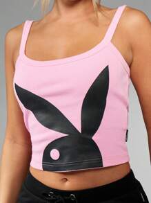 Missguided x Playboy Áo ba lỗ crop top co giãn có họa tiết logo tai thỏ, áo tập luyện mùa hè, phong cách thể thao, thời trang dạo phố, áo ba lỗ cổ cao, thường ngày, thời trang mùa xuân - Hồng - Xem 5