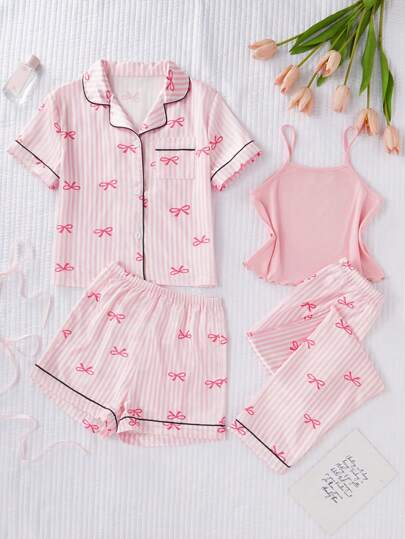 4pcs Girls Pajama Set With Striped, Bow Decor, Camisole, Shorts In Pink Fabric, Casual Sleepwear