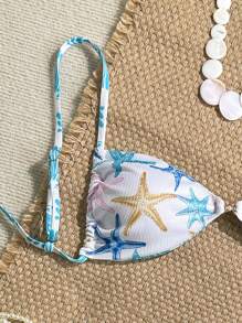 Sweetra Sweetro 夏季假期随机图案罗纹纹理面料细肩带金色珍珠装饰性感抹胸泳衣上衣 - 彩色 - 查看 3