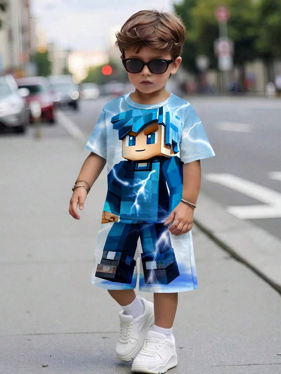 SHEIN 2 件儿童 MC 蓝色闪电图案休闲圆领短袖 T 恤和短裤套装，夏季 - 彩色 - 查看 1