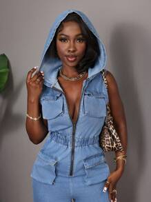 Slaydiva 女士牛仔工装裤和连体裤 修身连帽工装口袋连体裤 蓝色连体裤 街头风 - 淺色水洗藍 - 查看 5