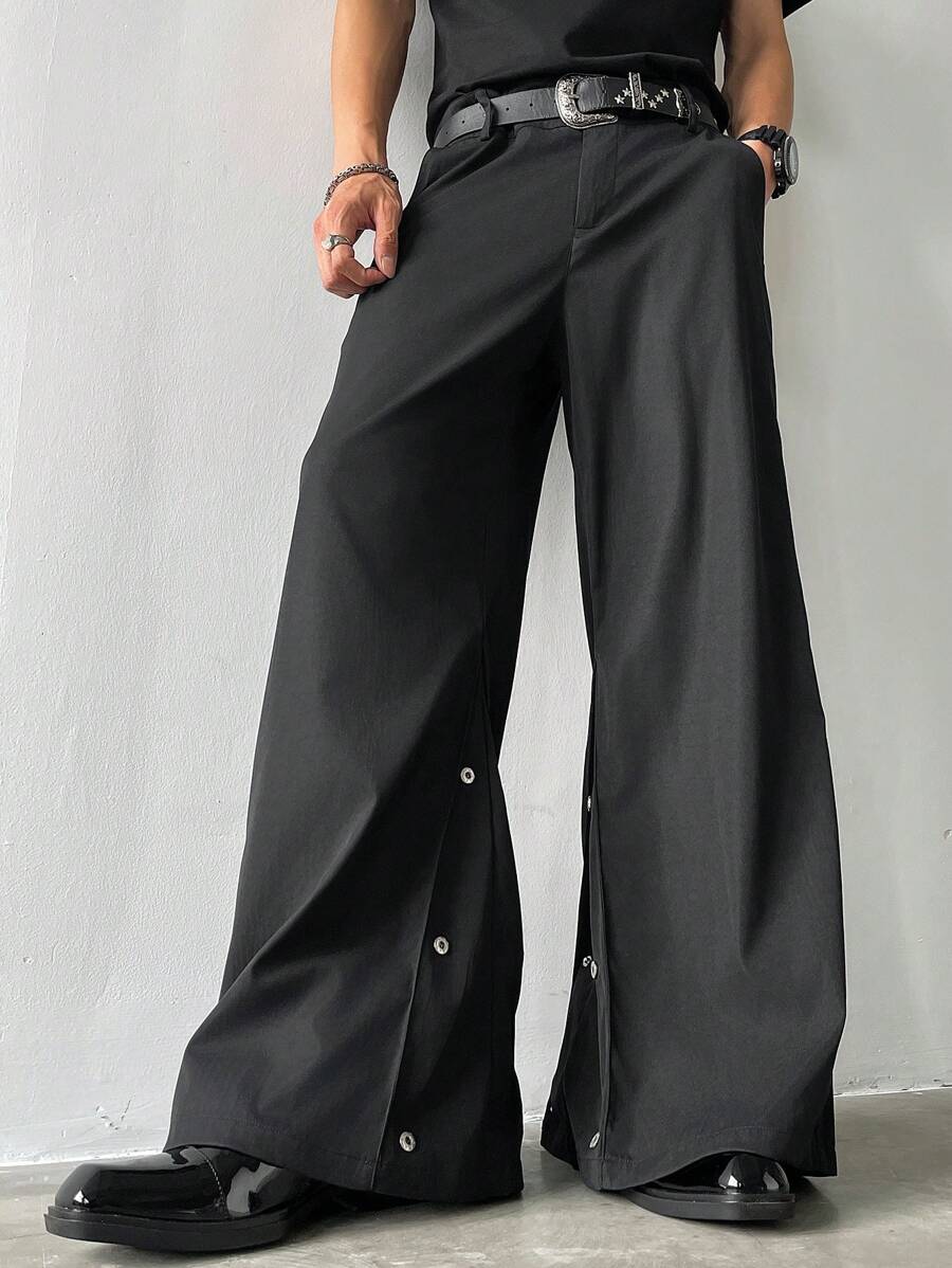 Manfinity EMRG Men's Solid Slant Pocket Wide Leg Loose Casual Pants, Fall - Black - View 1