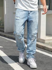 Manfinity Roghcode Men's Summer Distressed Denim Jeans With Pockets, Relaxed Fit - Light Wash - View 5