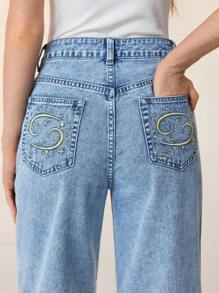 Selenza 女士休闲牛仔裤，精工牛仔，金色刺绣，十二星座系列，巨蟹座，温柔真挚，星空图案，治愈系 - 藍色 - 查看 4