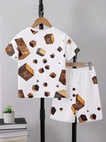 SHEIN Conjunto informal de moda para niño pequeño con camiseta estampada con dinosaurio de dibujos animados y hombre de píxeles, y pantalones cortos a juego - Conjunto coordinado para jóvenes, Traje de 2 piezas para jóvenes adolescentes