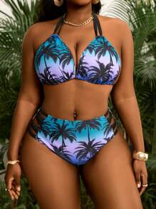 Slaydiva Plus Size 2Pcs Sexy Brown Palm Tree Print Tie-Front Bikini Set For Women, Summer Beach