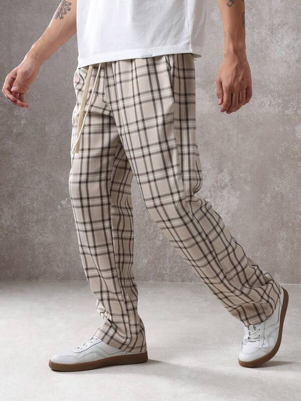 SUMWON Designer Plaid Check Straight Fit Casual Pants Drawstring Waist All Season Classic Trousers Relaxed Style Wide Street Fashion