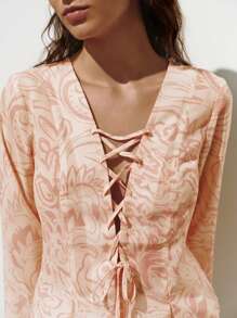 Lumivelle Women's Fashion Lace-Up Flare Sleeve Chiffon Printed Blouse