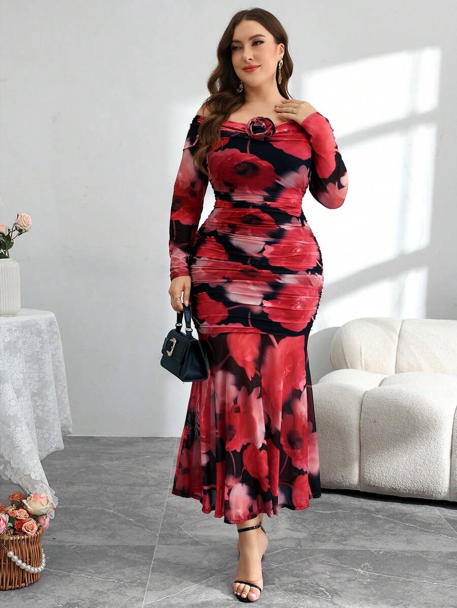 Modelyn 春夏大码露肩扎染花卉印花网眼下摆修身优雅端庄连衣裙 - 彩色 - 查看 1