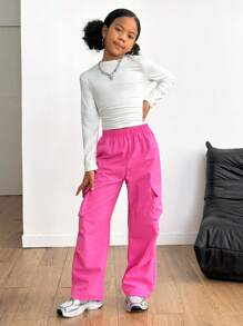 SHEIN 2pcs Tween Girls Cargo Pants With Pockets & Long Sleeve Top All-Match Street Casual Outfit Set - Multicolor - View 4