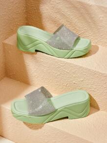 HighSole Sandalias con suela gruesa y adorno de strass para mujer para fiestas - Verde - Ver 2