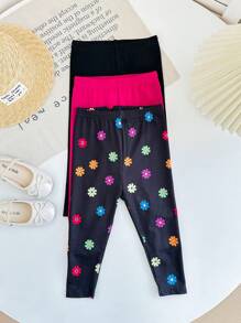 Set de 3 piezas de leggings casuales y cómodos con estampado floral para bebé niña, incluye pantalones negros y rosas - Multicolor - Ver 2