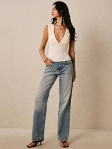 Poéselle 女士褶皱拼接杏色上衣，女士纯色纹理面料V领无袖背心，夏季百搭单品 - 杏色 - 查看 3