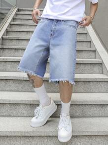 Manfinity EMRG 男士水洗做旧牛仔短裤 - 淺色水洗藍 - 查看 6