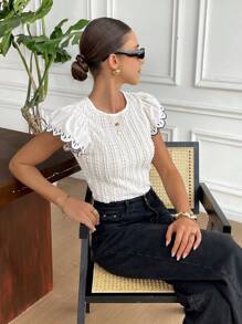 Serisse 女士法式夏季休闲纹理撞色盖袖 T 恤，百搭日常穿着、度假毕业上衣 - 杏色 - 查看 1