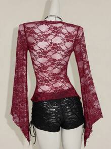 SHEIN ICON Y2k Women's Western Country Concert Boho Hippie Goth Sheer Burgundy Sexy Lace Twist Front Long Sleeve Cardigan - Burgundy - View 2
