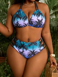 Slaydiva Plus Size 2Pcs Sexy Brown Palm Tree Print Tie-Front Bikini Set For Women, Summer Beach