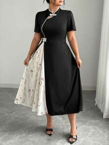 Elenzga Plus Size Women's Elegant Raglan Sleeve Color-Block Stripe & Pattern Chic Chinese Style Midi Dress - Multicolor - View 3