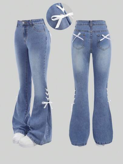 SHEIN Girlism Teen Girls Y2K Fashion Stonewashed Baggy Denim High Stretch Flare Leg Jeans With Colorblock Cute Lace Bowknot Decorated Pockets,Girls Summer Beach Boho Vacation Shorts, Summer Concert Festival Casual Rave Outfits, Girls Summer Brunch Church Graduation Outfits
