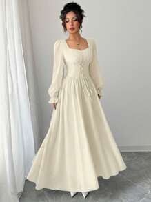 Modelyn Women's High-Waisted Cinched Waist Long Sleeve Sweetheart Neck French Elegant Dress Fall Cloth For Women