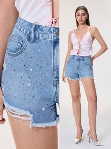 SHEIN Frenchy Shorts de mezclilla desgastados y rasgados de verano informales para mujer - Azul - Ver 1