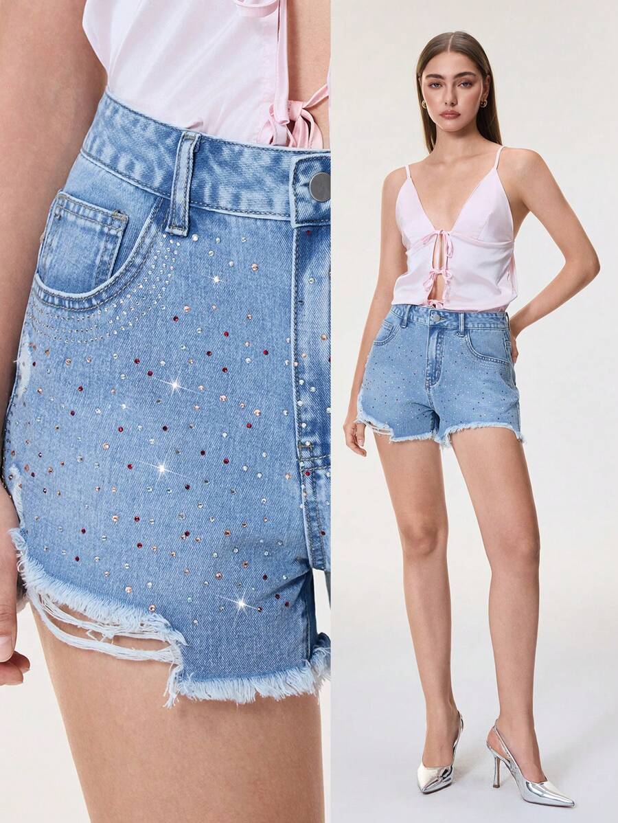 SHEIN Frenchy Shorts de mezclilla desgastados y rasgados de verano informales para mujer - Azul - Ver 1