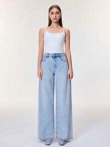 SHEIN Essnce 女士休闲牛仔裤，极简主义日常穿着，宽松女士牛仔裤 - 淺色水洗藍 - 查看 7