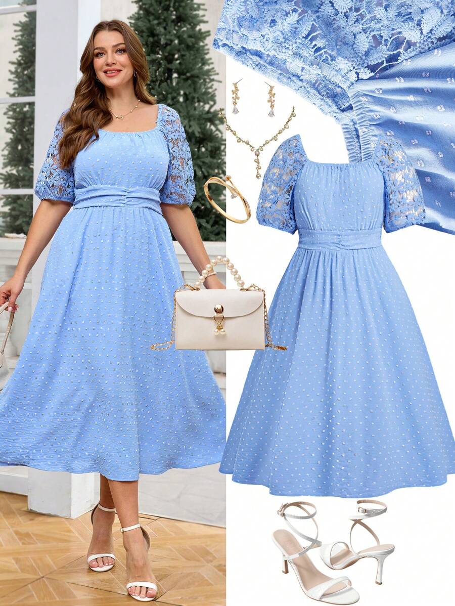 Ellevyn Đầm dài hở vai phối ren thanh lịch cỡ lớn cho nữ, tay áo chắp vá, họa tiết pompom, có túi, trang phục mùa hè cho nữ, quần áo nữ, trang phục mùa hè cho nữ - Màu xanh lam - Xem 1