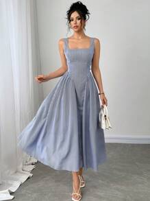 Firerie Váy midi chữ A thắt eo cổ vuông kẻ sọc xanh trắng cho nữ, Váy thanh lịch cổ điển, Váy mùa hè, Váy nghỉ dưỡng, Váy xòe, Trang phục xuân/hè, Đi làm, Thanh lịch, Kỳ nghỉ, Bãi biển, Lãng mạn, Hẹn hò - Xanh và trắng - Xem 3