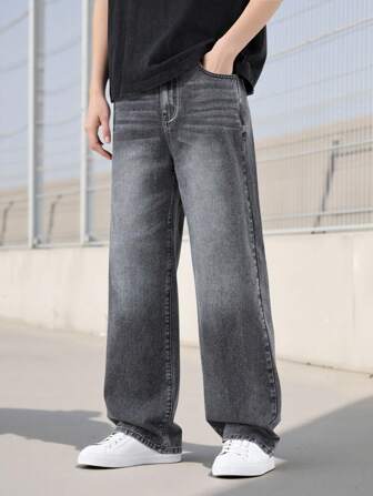 SHEIN Lässige, vielseitige, einfache und bequeme Modekollektion für Teenagerjungen, Jeans mit wasser-gewaschener, zerrissener Optik, elastischem Bund und weitem Bein
