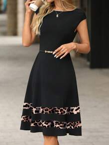 Ellevyn 女士条纹豹纹圆领休闲通勤连衣裙，夏季 - 彩色 - 查看 6