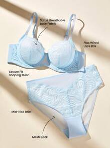 LUVLETTE Plus Women 2pcs Blue Sexy Lingerie Set Full Coverage Unlined Lace Elegance & Mesh Minimizer Bra Lace Bra Panty Matching Sets