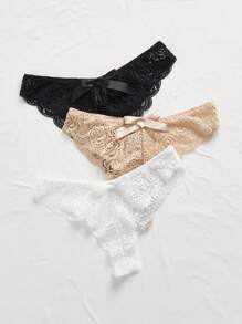 SHEIN 3pcs/Set Women Lace Bow Decor Sexy Underwear - Multicolor - View 5