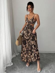 Elenzga 女式印花收腰中长连衣裙，适合度假、通勤和日常穿着 - 摩卡棕 - 查看 6