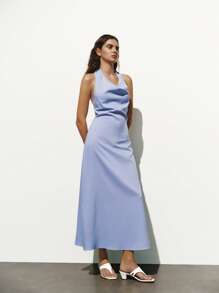 Lumivelle New Elegant Halter Backless Dress, Draped Neck Backless Long Dress, French Style Backless Party Dress, Vacation Beach Dress, Balinese Island Beautiful Outfit, Artistic Draped Neck Casual Backless Sundress