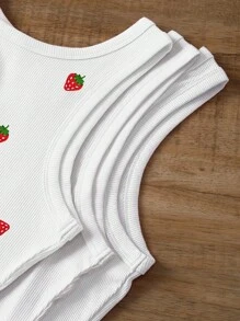 INAWLY 3pcs/Set Strawberry, Cherry, Bow Embroidered Round Neck Camisole - White - View 4
