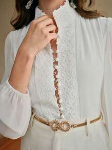 Anewsta 女士雪纺蕾丝拼布白色衬衫，新款优雅长袖衬衫，适合春季、节日、假日、度假、海滩、优雅 - 白色 - 查看 6