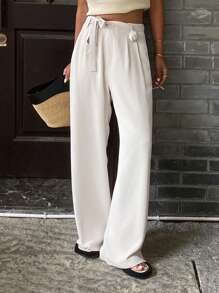 Livesso Women Rose Waist Belt Summer Casual Loose Draping Long Pants - White - View 5