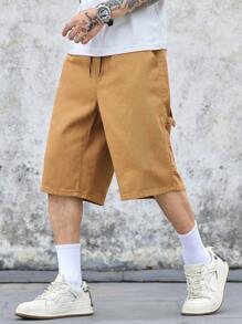 Manfinity Homme Pantalones cortos holgados de cintura ancha, de longitud media, con bolsillo y cordón, de denim - Amarillo Mostaza - Ver 1