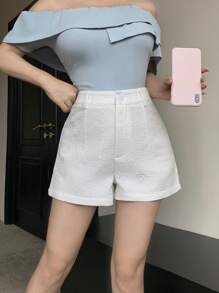 Modelyn Women's Summer Casual Solid Color Embroidered Jacquard Shorts - White - View 6