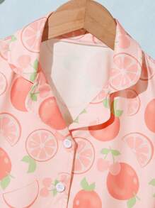 2pcs Girls Fruit Print Knit Collar Cardigan & Shorts Set, Comfortable Casual Summer Home Clothes,Girls Pajama Short Sets - Coral Orange - View 6