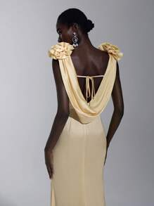 Elitara Elegant Champagne Gold Spring Satin Floral Sculptural Shoulders Draped Neck Backless Fishtail Dress,Formal Event Prom Wedding Bridesmaid Graduation - Yellow - View 3