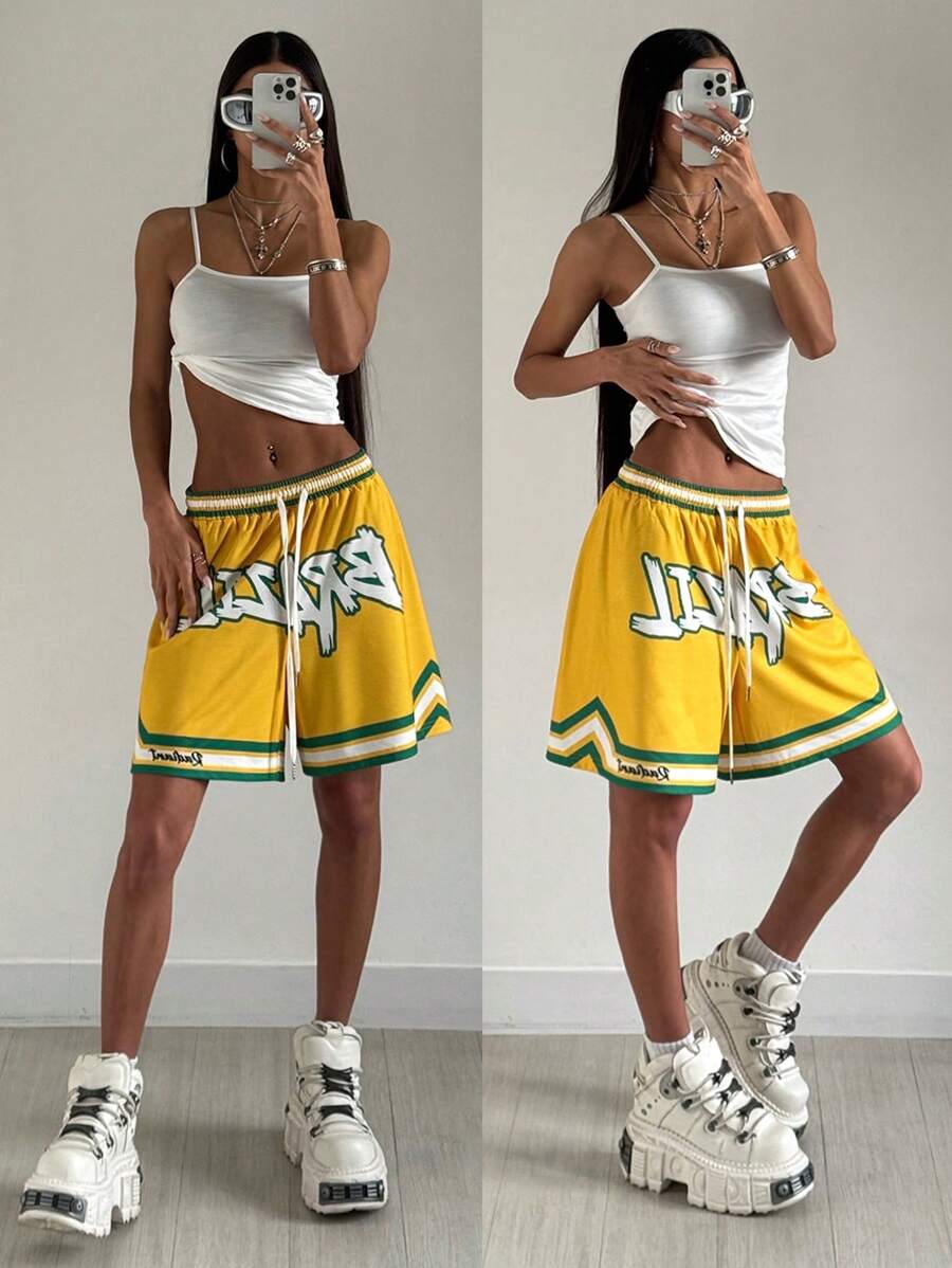 Coolane Women's Summer Streetwear Basic Athleisure Beach Graphics Soccer Short Crotch Flowy Shorts - Yellow - View 1