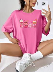 Tseoso 卡通圖案落肩袖超大號T恤 - 粉色 - 查看 9